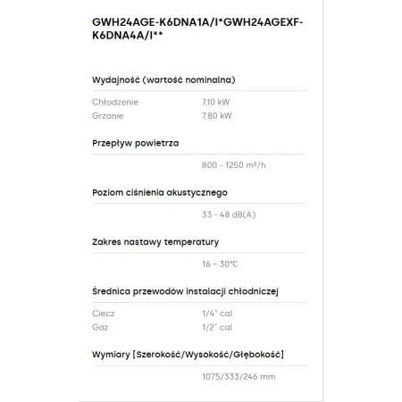 Jednostka wewnętrzna GREE PULAR PRO WHITE PP24WI 7,1KW